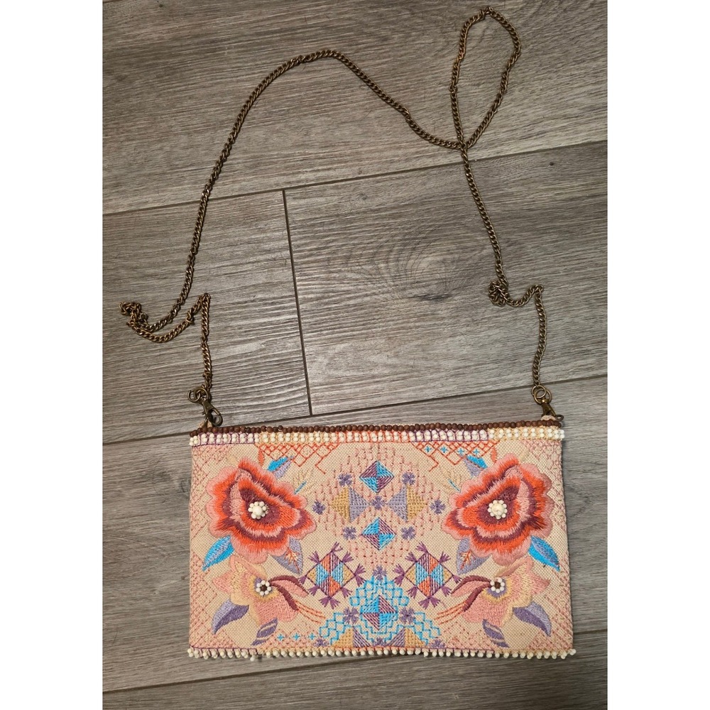 Indigo Moon Womens Small Crossbody Bag Multicolor Embroidered Floral Beaded Jute